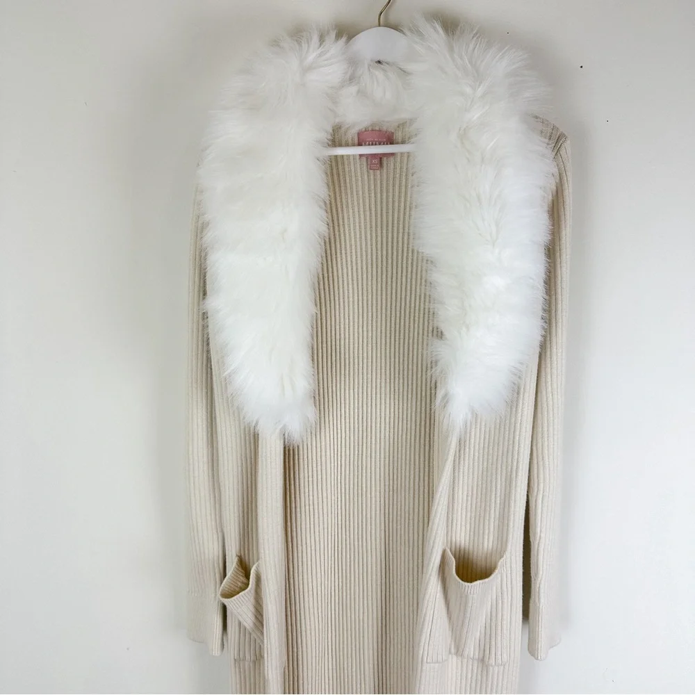Show Me Your MuMu Cream Faux-Fur Collar Long Cardigan - Picture 7 of 13